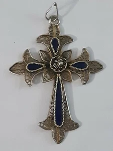 Crucifix jewelry very fine Filigree Fancy blue enamel Cross Pendant - Picture 1 of 9