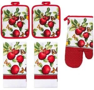 5pc Kitchen Set:2 Pot Holders,1 Oven Mitt & 2 Towels,APPLES &BUTTERFLIES,Premius - Picture 1 of 21