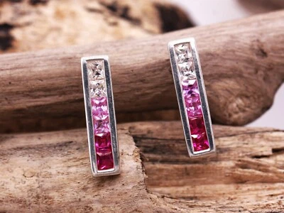 Bjc Argento Sterling 925 Rosa Zircone Cubico Taglio Princess Orecchini a Lobo - Immagine 1 di 4