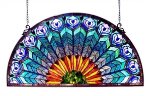 Panel de ventana de vitral media luna hecho a mano diseño de pavo real vidrio artístico - Imagen 1 de 2