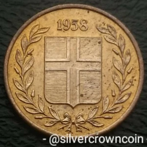 Iceland 1 Eyrir 1958. KM#8. One Cent Coin. Leaves Flank. L - Picture 1 of 7