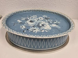 Vintage blau-weiße Rosen ovale Keksdose/Tablett Grannycore Landhaus Dekor - Bild 1 von 17