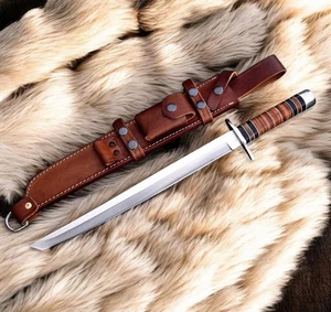 Handmade Japanese Tanto Sword High Carbon Steel With Stacked Leather Handle - Picture 1 of 4