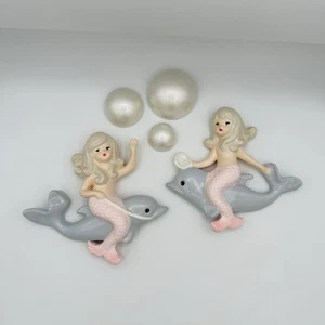 Meerjungfrau Delfin Kreidegeschirr Wandrelief Kitsch Kitschig MCM Retro Vintage Stil Set - Bild 1 von 3