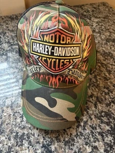 Harley Davidson Trucker Hat Mesh Cap Motorcycles Camo Flames Snapback Y2K - Picture 1 of 11