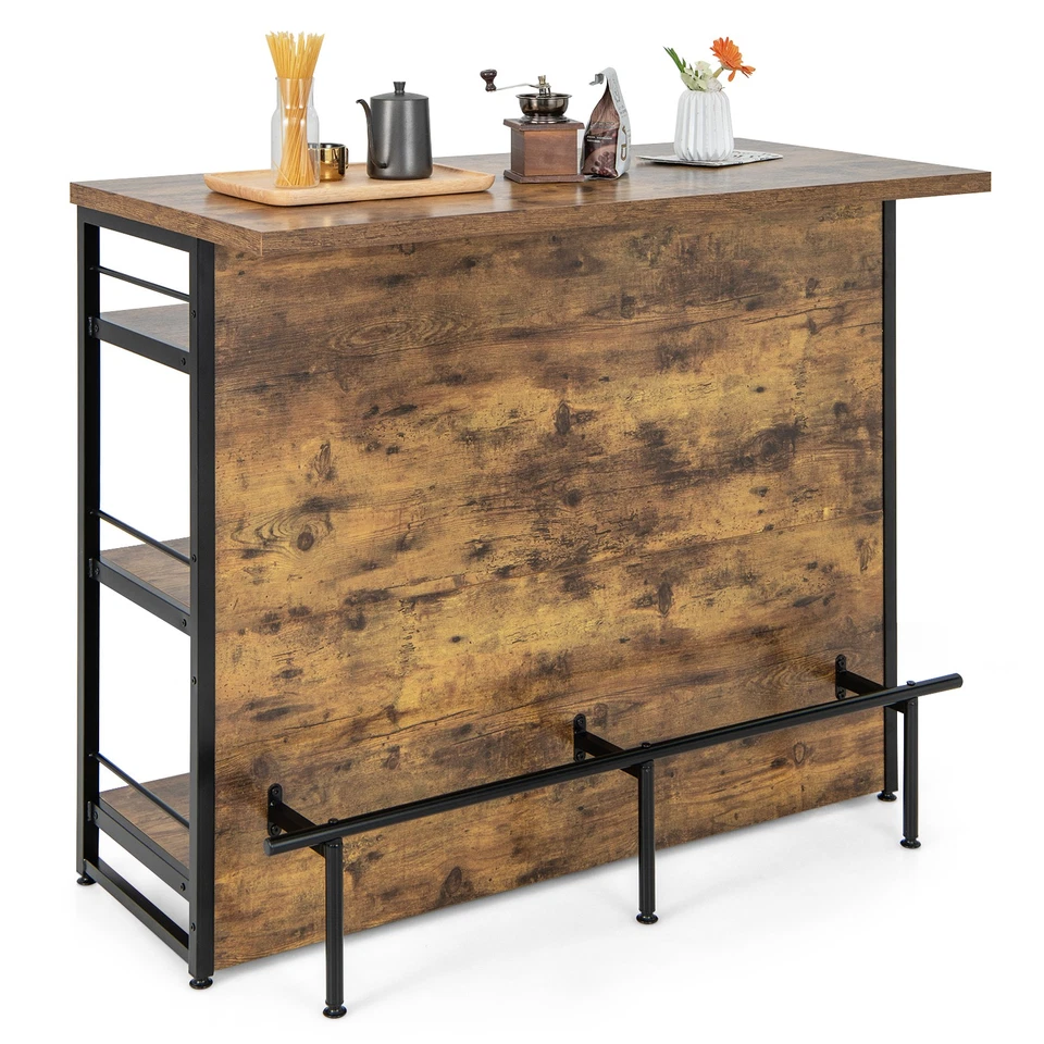 Kitchen Island with 4-Tier Storage Shelf and Long Footrest for Home-Rustic Brow