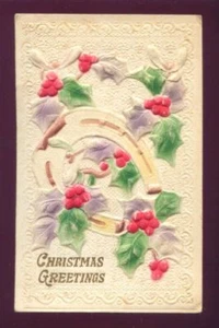 Schwer geprägte Hochrelief Hufeisen Stechpalme 1915 Weihnachten Vintage Postkarte - Bild 1 von 1