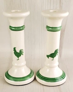 Vintage Ceramic Chicken And Rooster White & Green Candlesticks - Picture 1 of 6