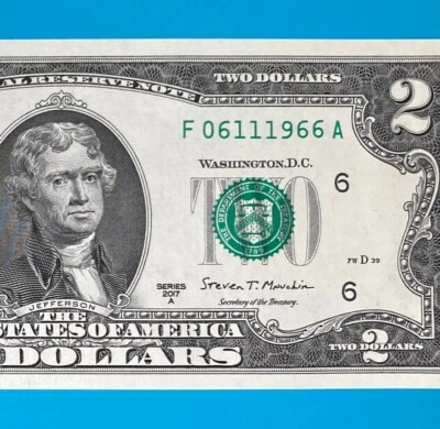 June 11, 1966 / 6 November 1966 (F 06111966 A) BIRTHDAY $2 Two Dollar Bill *UNC* - Image 1 of 4