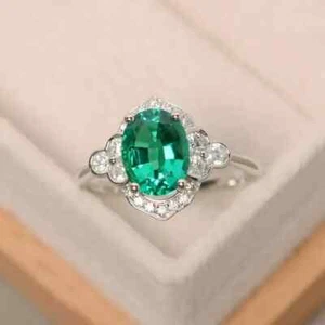 1.80 Ct Oval Cut Green Emerald Moissanite Engagement Ring 14K White Gold Plated - Picture 1 of 4