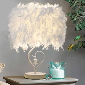 Fluffy Feather Lampshade Table Lamp Bedside Stand Night Lights Corded Bedroom UK - Picture 1 of 13