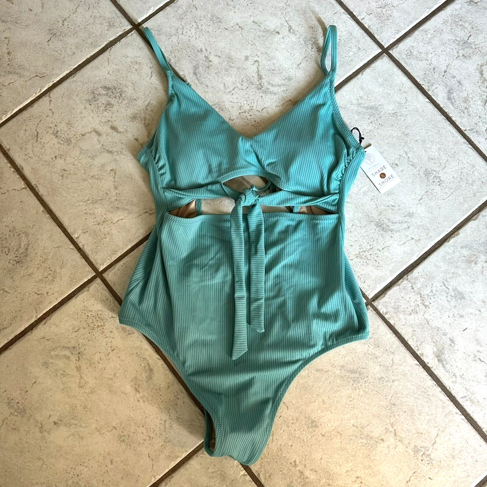 Traje de baño Shade & Shore mujer L 12/14 verde azulado acanalado corbata delantera nuevo con etiquetas Foto 1 de 4