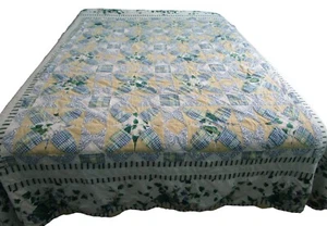 Vintage Patchwork Quilt Blue Yellow Floral Full Cutter Repair Repurpose Tears - Picture 1 of 24