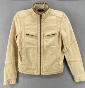 Lauren Ralph Lauren Jacket Womens Sz S Tan Cotton Leather Trim Full Zip Pockets - Picture 1 of 18