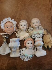 Lot of 8 Vintage Porcelain Baby DOLL Head Pins BROOCH Hand Painted Collection