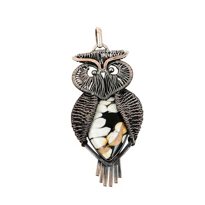 Oferta del Día de la Amistad Madera de Cacahuete Jaspe Piedras Preciosas Búho Hecho a Mano Esposa Colgante Cobre Foto 1 de 4