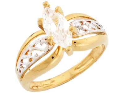 10k or 14k Two-Tone Gold Marquise CZ Engagement Ring Filigree Design on Band - Image 1 of 4