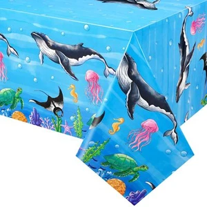 Sea Party Tablecloth - 2 PC 54” x 108” Ocean Animals Table Cover Under the Se... - Picture 1 of 7