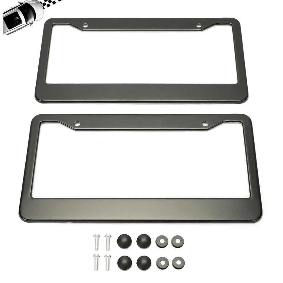 Stainless Steel Universal Black License Plate Frame Tag Cover Screw Caps 2PCS - Image 1 of 4