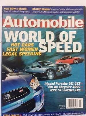 Automobile June 2003 Cadillac XLR Jaguar XKR Porsche 911 GT3 Mercedes SL500 - Image 1 of 4