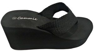 Women High Wedge Heel Platform T-strap Flip Flops Open Toe Sandal Black