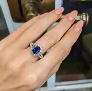 3 Ct Oval Cut Natural Sapphire & Diamond Wedding Ring 14K White Gold Solid - Picture 1 of 6