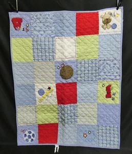 Vintage Carter's Baby Blanket Child of Mine Patchwork Sports Blues Reds 41x33" - Picture 1 of 13