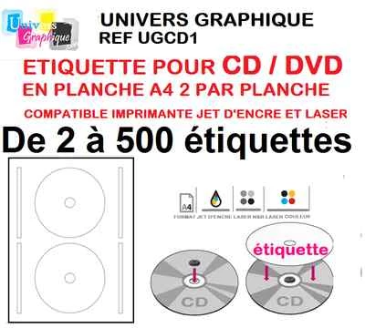 UNIVERS GRAPHIQUE étiquette cd/ dvd pour toutes imprimantes DE 2 A 500 étiquettes cd dvd (l7676)