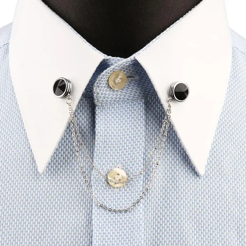 935 Argentium Plata Redonda Negro Ónix Blanco Cadena Camisa Cuello Clip Para Hombre Foto 1 de 4