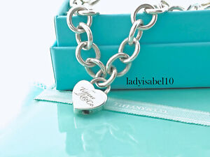 Tiffany & Co Silver Clasping End 7.75" Bracelet Heart Notes Logo Padlock Charm C
