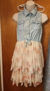 Justice Girl's Chambray White Floral Tulle Ruffled Skirt Sleeveless Dress 14/16 - Picture 1 of 8