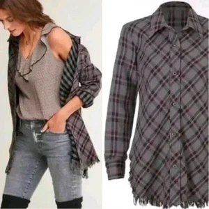 Camicia donna Cabi a quadri con bottoni orlo frange grigio e viola grande - Foto 1 di 5
