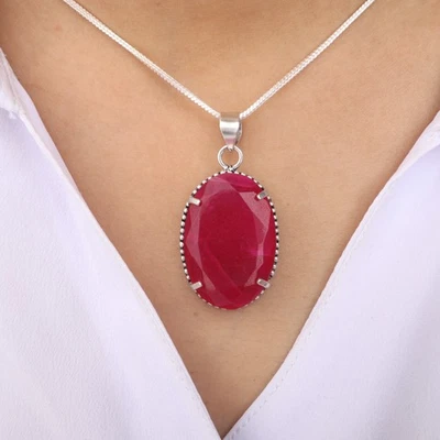 Kashmiri Ruby Gemstone Handmade Women Silver Pendant 1.75" - Image 1 of 4
