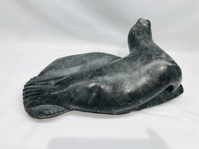 Large Signed Inuit Povungnituk 1976 Soapstone Hand Carved Seal 14" - Image 1 of 4