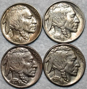 4x AU-UNC Buffalo Nickels, 2x 1913-P Type 2, 1927-P, and 1936-S - Picture 1 of 2