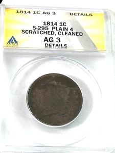 1814 Large Cent Plain 4 Authenticated by ANACS AG 3 Details TAKE a LOOK! - Picture 1 of 4