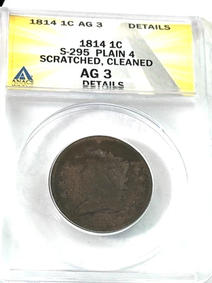 1814 Large Cent Plain 4 Authenticated by ANACS AG 3 Details TAKE a LOOK! - Image 1 of 4