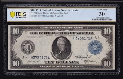 US 1914 $10 FRN St Louis Burke/AcAdoo FR 932 PCGS 30 Ch VF (171) - Image 1 of 2