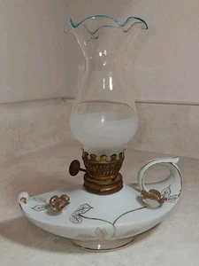 Vtg Porcelain Aladdin Style Oil Lamp Glass Chimney Blue Rim on Glass READ - Picture 1 of 8