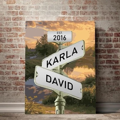 Personalized Canvas Or Poster Street Sign Crossroads Art Couple's Name And Date - Image 1 of 4