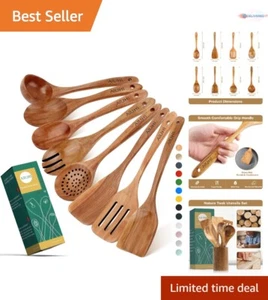 Wooden Spoons Teak 8 Pack Eco-Friendly Non-Scratch Kitchen Utensil Set - Picture 1 of 8