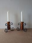 Pair of Vintage Mid Century Iron Scroll Varnish Spalted Wood Candlestick Holders