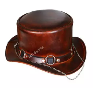 Cappello Top Steampunk Deadman Marrone Nasconde Mucca Pelle Moto Rider Biker Play Boy - Foto 1 di 5