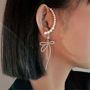 1pc Fashion Silver Bow Crystal Pearl Tassel Earrings Ear Clip Cuff Women Jewelry