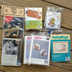 Vintage NOS Stitchery Bundle 7 Kits 2-Needlepoint 4-Cross Stitch 1-Spool Doll - Picture 1 of 11