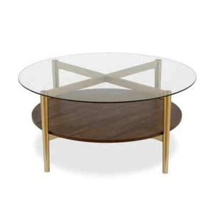 Otto 36 in. Gold/Walnut Round Glass Top Coffee Table - Picture 1 of 6