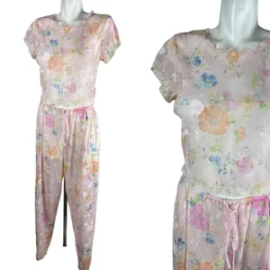 Vtg 90s Victoria's Secret Pink Sheer Lace Floral Pajamas 2 piece size Medium - Picture 1 of 10
