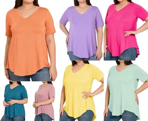 1X 2X 3X Luxe Rayon V Neck Short Sleeve Top Hi-Low Rounded Hem Loose Fit T Shirt - Picture 1 of 70