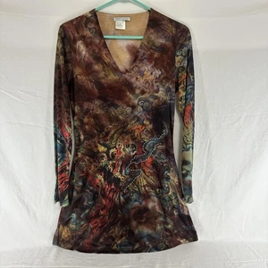 Alberto Makali Dress Womens Medium Dragon Print V Neck Long Sleeve Embellished - Picture 1 of 11