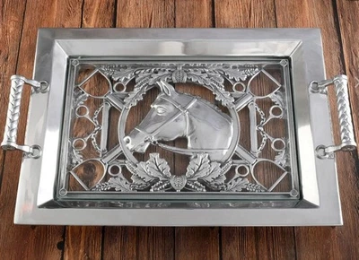 Bandeja de servir Arthur Court cabeça de cavalo, estribos/bocados tampo de vidro alumínio 20" nova - Imagem 1 de 3